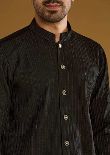 Black Kurta Jacket Set For Men With Beads Embroidery