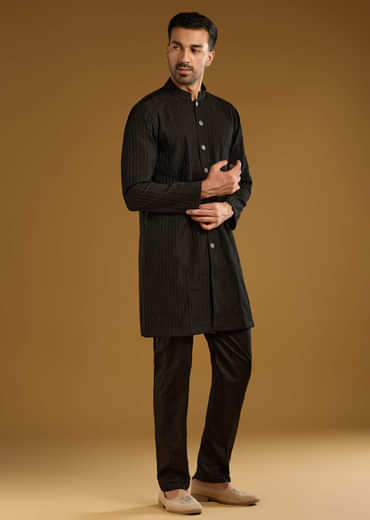 Black Kurta Jacket Set For Men With Beads Embroidery