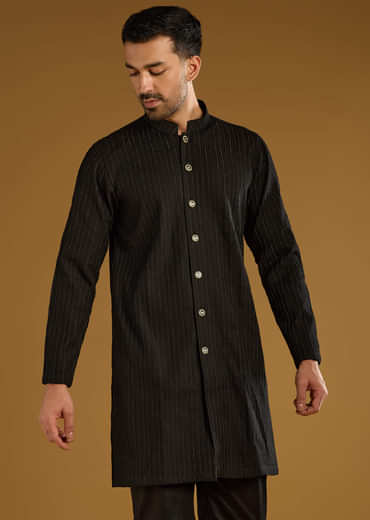 Black Kurta Jacket Set For Men With Beads Embroidery
