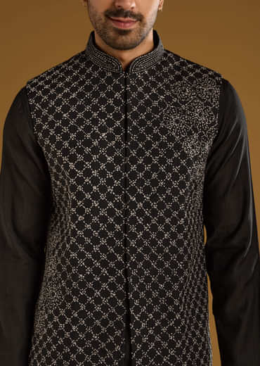 Black Kurta Jacket Set For Men With Thread Work