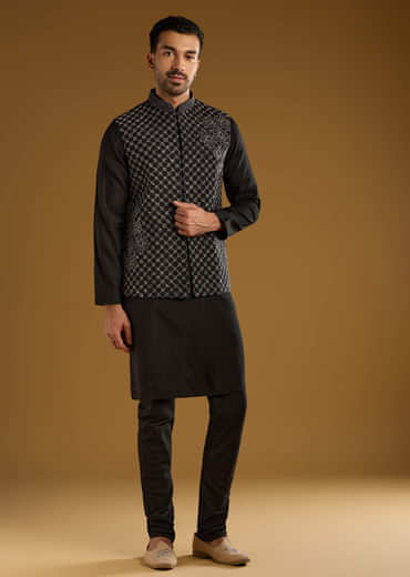 Black Kurta Jacket Set For Men With Thread Work