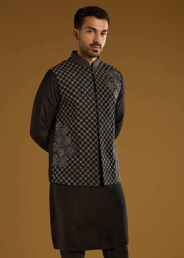 Black Kurta Jacket Set For Men With Thread Work