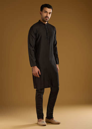 Black Kurta Jacket Set For Men With Thread Work