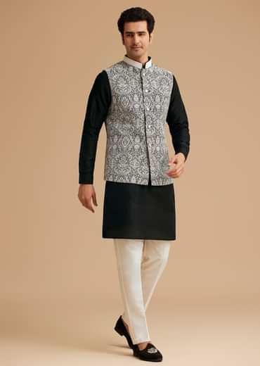 Black Kurta Jacket Set With Resham Work And Hand Embroidered Collar