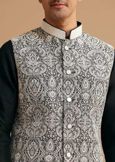 Black Kurta Jacket Set With Resham Work And Hand Embroidered Collar