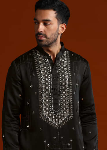 Black Kurta Set For Men With Metal Embroidery