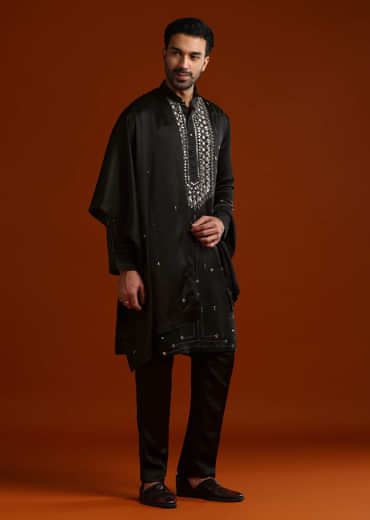Black Kurta Set For Men With Metal Embroidery
