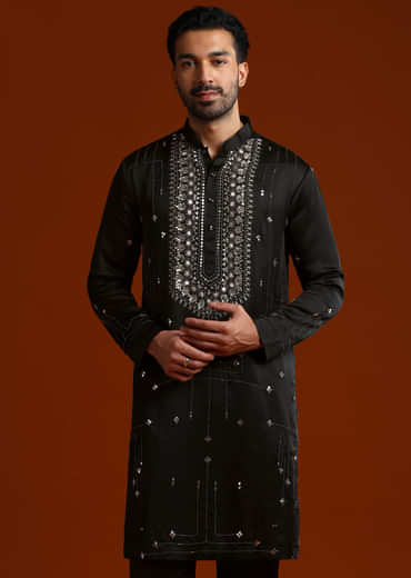 Black Kurta Set For Men With Metal Embroidery