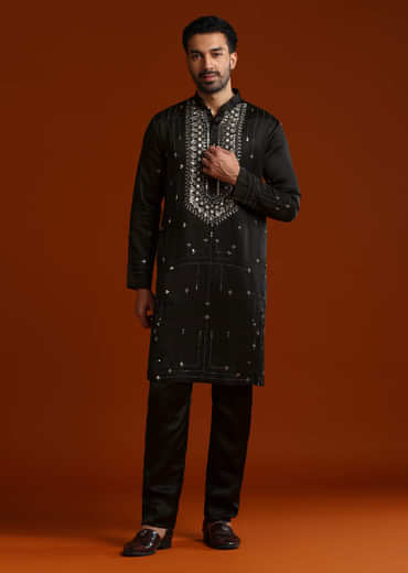 Black Kurta Set For Men With Metal Embroidery