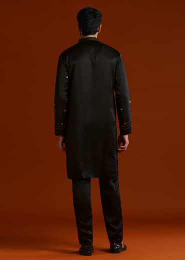 Black Kurta Set For Men With Metal Embroidery