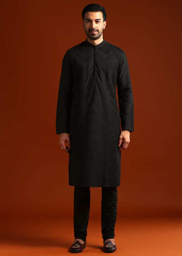 Black Kurta Set For Men With Pintucks