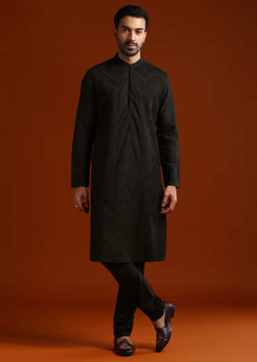 Black Kurta Set For Men With Pintucks