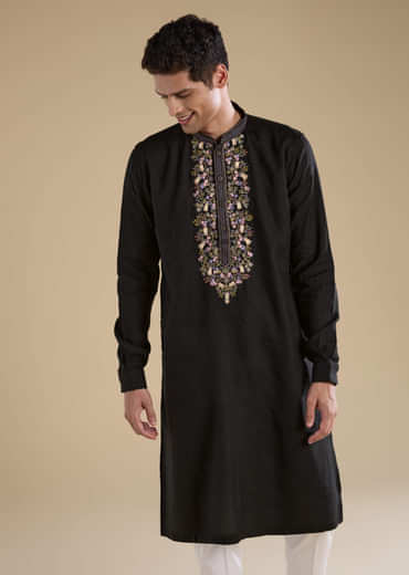 Black Linen Embroidered Mens Kurta Set
