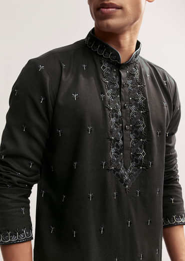 Black Linen Kurta Set For Men With Resham And Moti Work