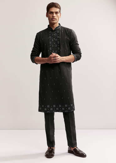 Black Linen Kurta Set For Men With Resham And Moti Work