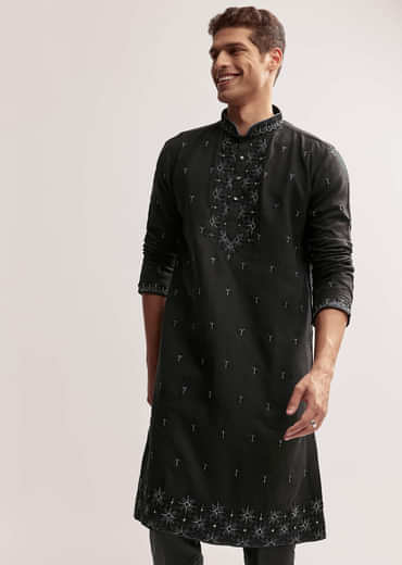 Black Linen Kurta Set For Men With Resham And Moti Work