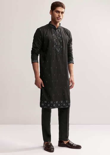 Black Linen Kurta Set For Men With Resham And Moti Work