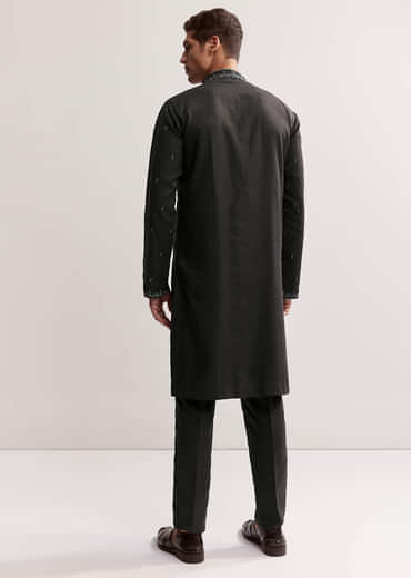 Black Linen Kurta Set For Men With Resham And Moti Work