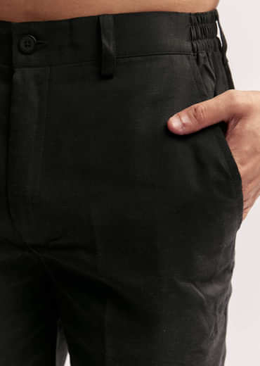 Black Linen Kurta Set For Men With Resham And Moti Work