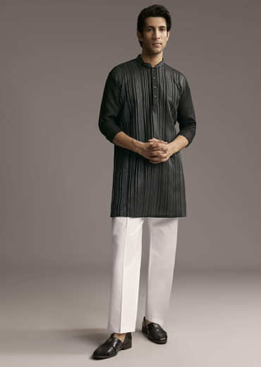Black Linen Kurta Set For Men With Resham Embroidery