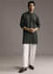 Black Linen Kurta Set For Men With Resham Embroidery