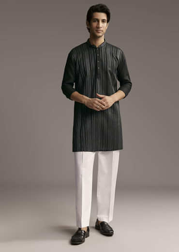 Black Linen Kurta Set For Men With Resham Embroidery