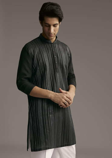 Black Linen Kurta Set For Men With Resham Embroidery