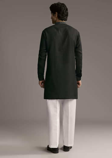 Black Linen Kurta Set For Men With Resham Embroidery