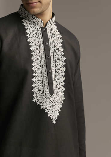 Black Linen Kurta Set For Men With Thread And Resham Work
