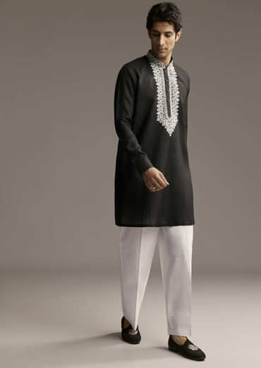 Black Linen Kurta Set For Men With Thread And Resham Work