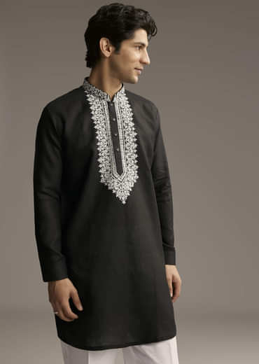 Black Linen Kurta Set For Men With Thread And Resham Work