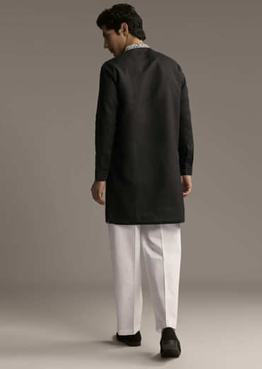 Black Linen Kurta Set For Men With Thread And Resham Work