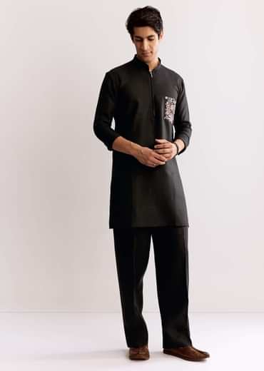 Black Linen Kurta Set With Embroidery