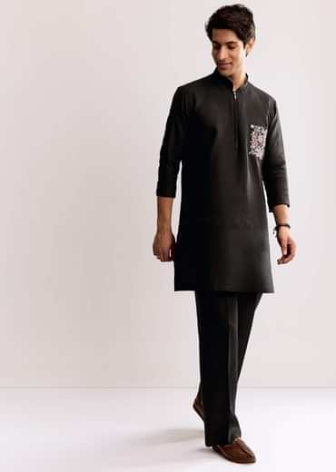 Black Linen Kurta Set With Embroidery
