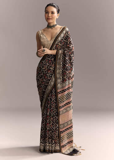 Black Linen Saree With Authentic Ajrakh Print And Maroon Border