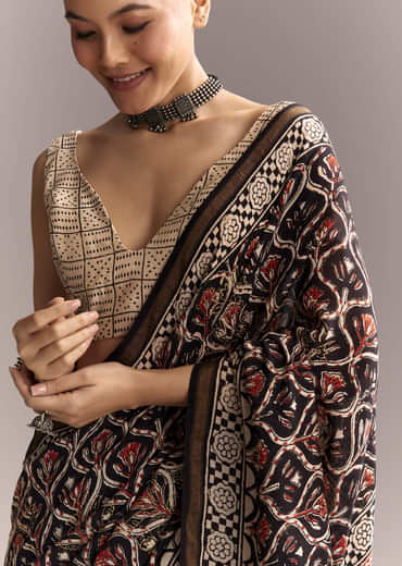 Black Linen Saree With Authentic Ajrakh Print And Maroon Border