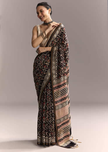 Black Linen Saree With Authentic Ajrakh Print And Maroon Border