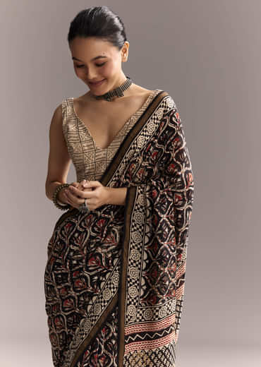 Black Linen Saree With Authentic Ajrakh Print And Maroon Border