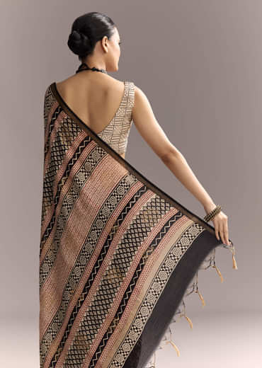 Black Linen Saree With Authentic Ajrakh Print And Maroon Border