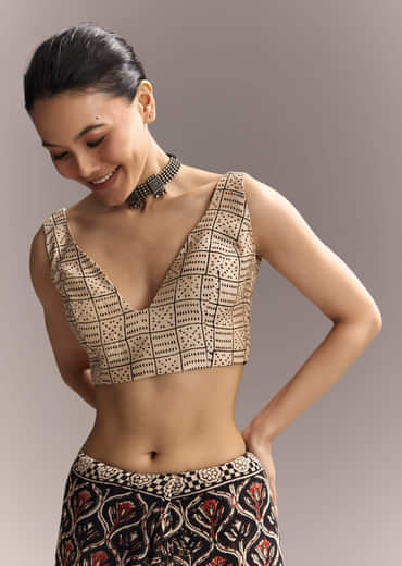 Black Linen Saree With Authentic Ajrakh Print And Maroon Border