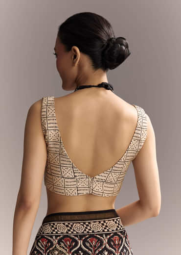 Black Linen Saree With Authentic Ajrakh Print And Maroon Border