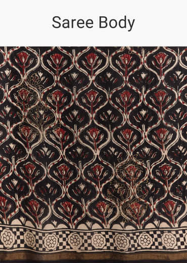 Black Linen Saree With Authentic Ajrakh Print And Maroon Border