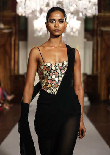 Black Lycra Corset And Detachable Drape Saree With Kundan Embroidery