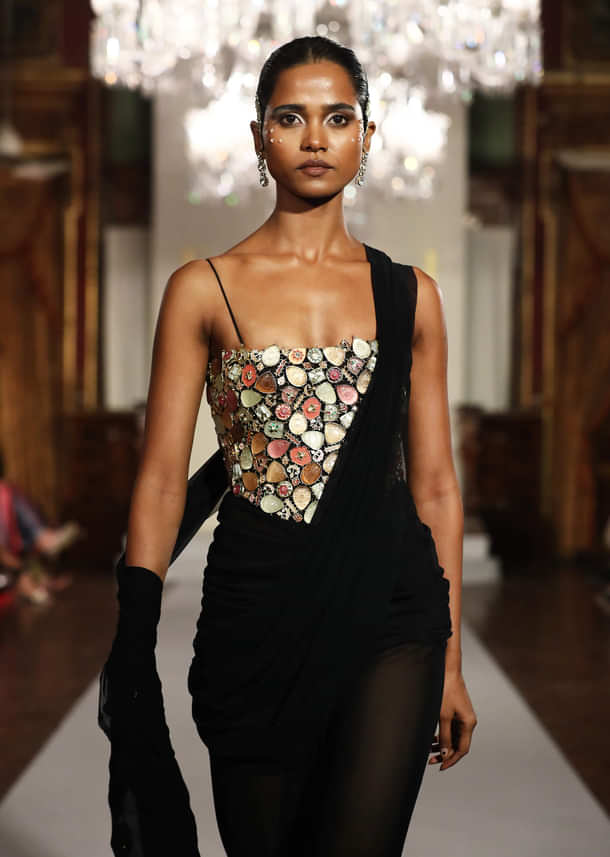 Black Lycra Corset And Detachable Drape Saree With Kundan Embroidery