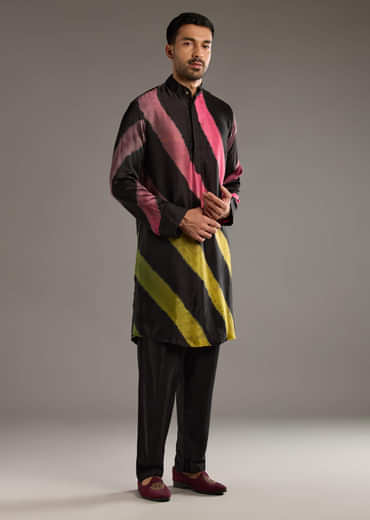 Black Modal Kurta Set For Men With Hand Dyed Leheriya Print