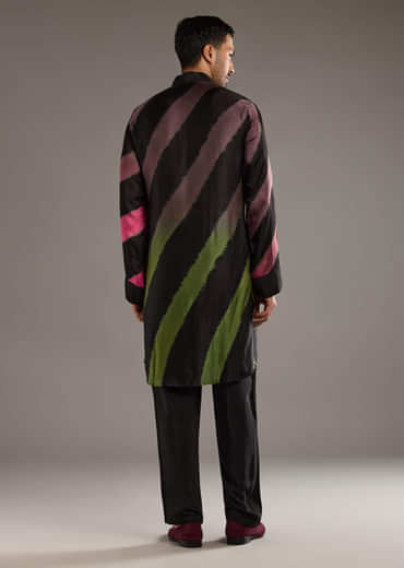 Black Modal Kurta Set For Men With Hand Dyed Leheriya Print