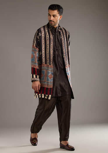 Black Modal Linen Kurta Jacket Set For Men With Hand Block Ajrakh Print
