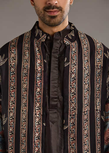 Black Modal Linen Kurta Jacket Set For Men With Hand Block Ajrakh Print