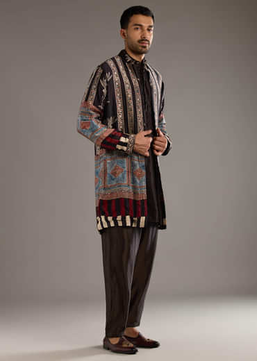 Black Modal Linen Kurta Jacket Set For Men With Hand Block Ajrakh Print