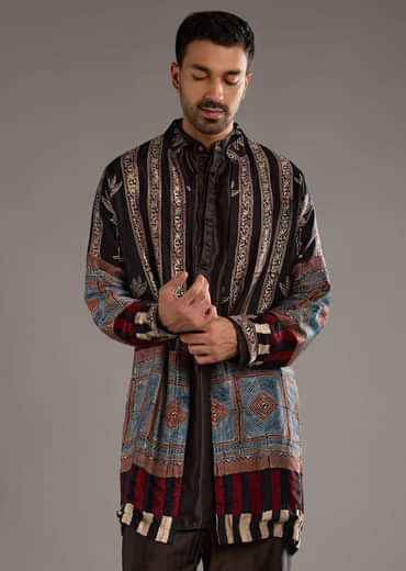 Black Modal Linen Kurta Jacket Set For Men With Hand Block Ajrakh Print